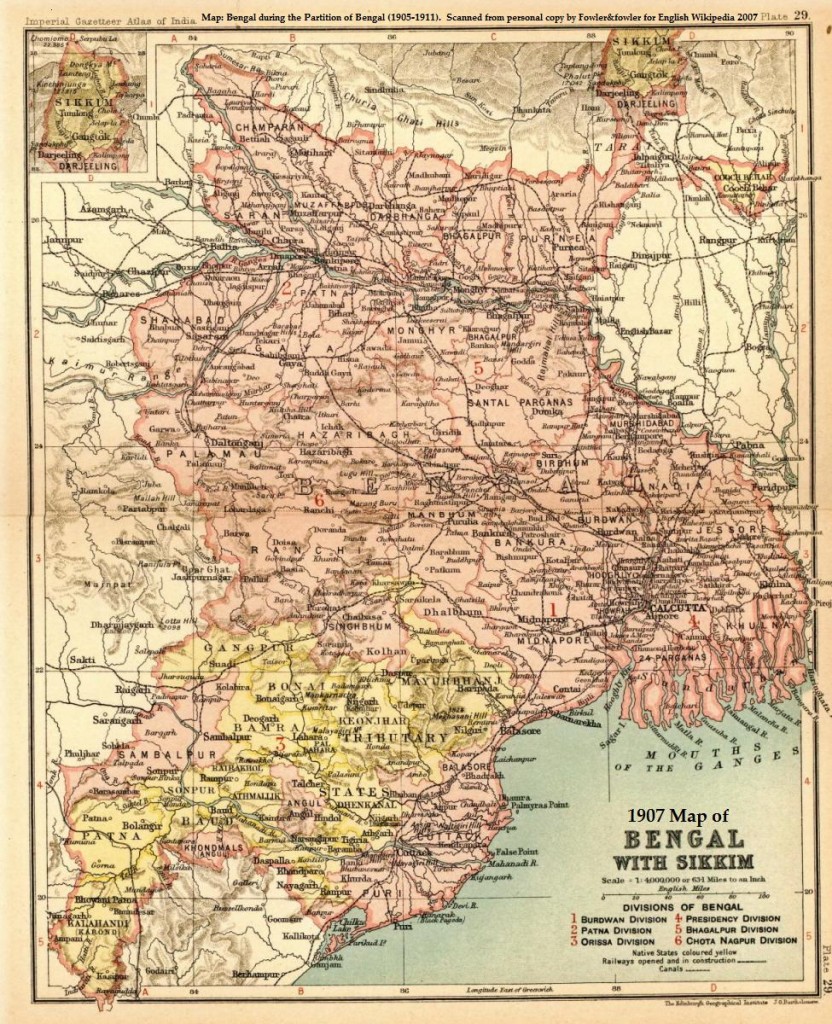 Map of the Province of Bengal (roughly incorporating present-day West Bengal, Bihar, and Odisha during the Partition of Bengal (1905-1911)